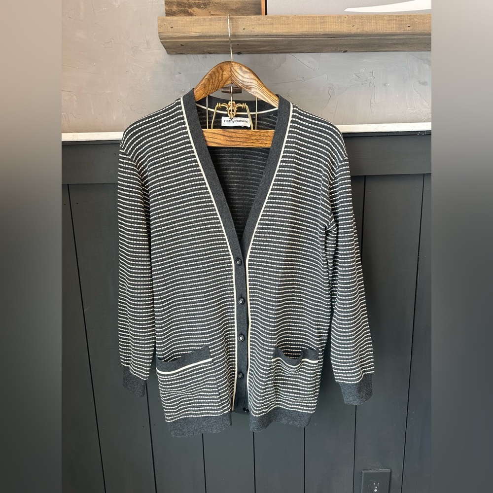 Cathy Daniels Black White Gray‎ Texture Knit Cardigan Sweater sz S